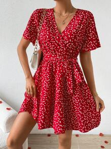 SHEIN Privé 全身心形印花洋裝 - 酒紅色 - 查看 4