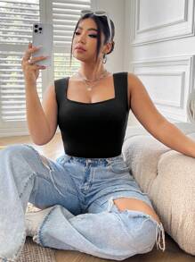 SHEIN EZwear Plus Size Slim Fit Bodysuit With Wide Straps - Black - View 1