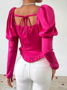 SHEIN Privé Women's Leg Of Leg-Of-Mutton Sleeve Frill Hem T-Shirt - Hot Pink - View 2