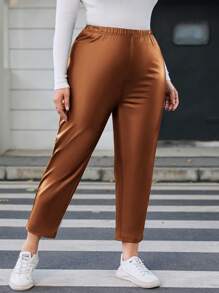 SHEIN LUNE 女式大尺碼金屬色布料彈性腰褲 - 鏽棕色 - 查看 1