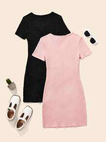 SHEIN 少女针织纯色休闲短袖连衣裙两件套 - 淺粉色 - 查看 2