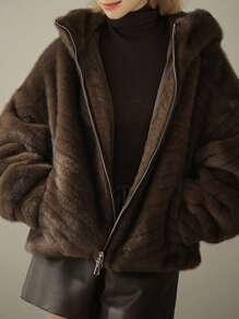 Hooded Mink Cashmere Coat - Brown - View 1