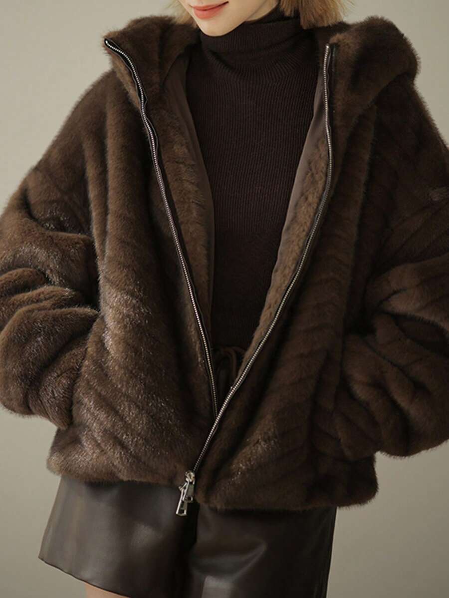 Hooded Mink Cashmere Coat - Brown - View 1
