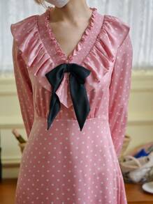 Simple Retro 黑色領結波爾卡印花 V 領長連身裙 - 粉色 - 查看 5