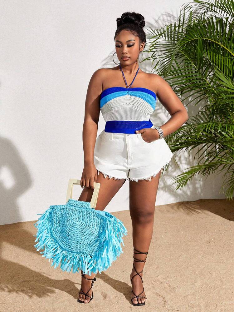 Women's Plus Size Striped Contrast Knit Halter Top