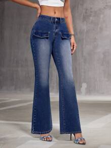 SHEIN BAE 女士喇叭牛仔褲 - 藍色 - 查看 3