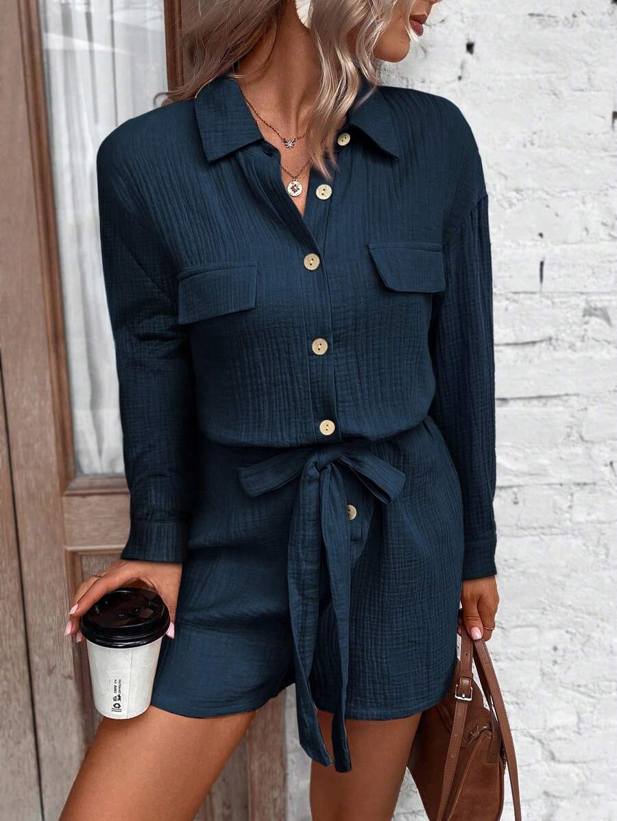 SHEIN LUNE Women's Long Sleeve Cinched Waist Self Tie Shirt Casual Romper Fall Cloth For Women - Navy Blue - View 1