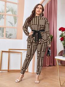 Mulvari 大尺碼女千鳥格針織兩件套 - 卡其色 - 查看 3