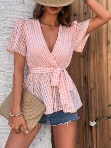 SHEIN Clasi 女士格紋短袖泡泡袖襯衫,配帶 - 橘色 - 查看 3