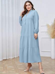 Mulvari 女款大尺碼紐扣半門襟荷葉邊下擺連身裙 - 淺藍色 - 查看 7