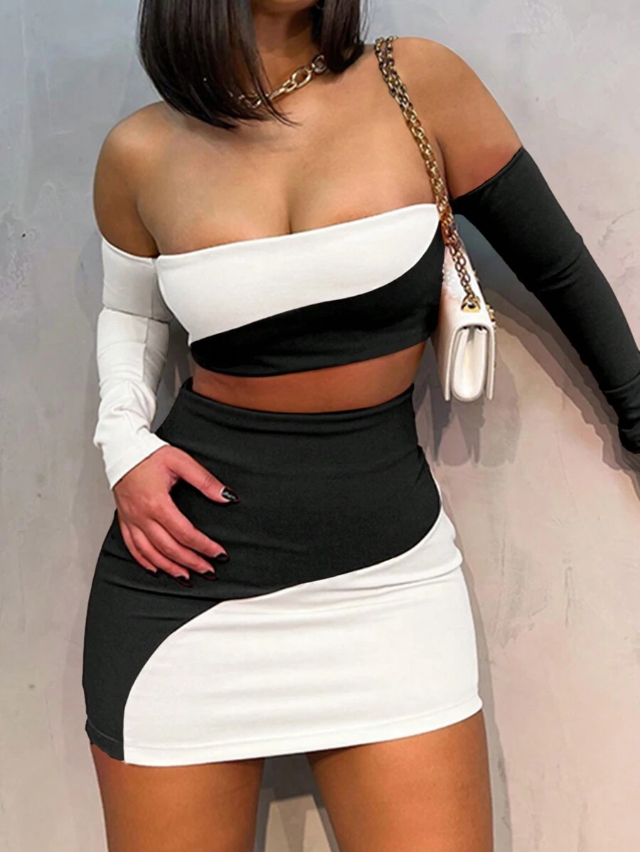 Women's Contrast Color Off Shoulder Top And Skirt Set - Black and White - View 1