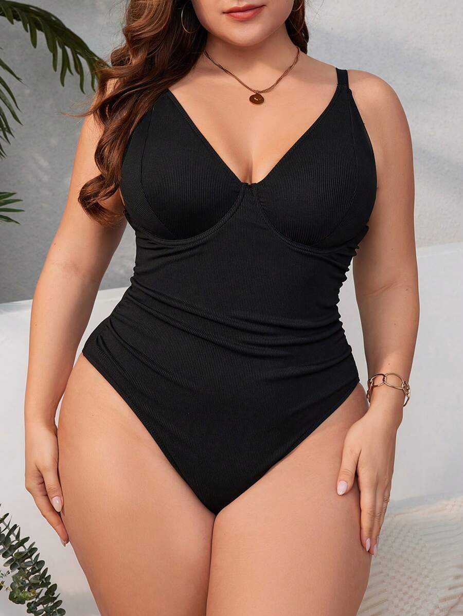 Swim Lushoire Summer Beach Women's Plus Size Pleated Ribbed One-Piece Swimsuit - Black - View 1