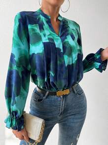 SHEIN Privé 印花上衣,帶凹口領和褶皺細節 - 綠色 - 查看 5