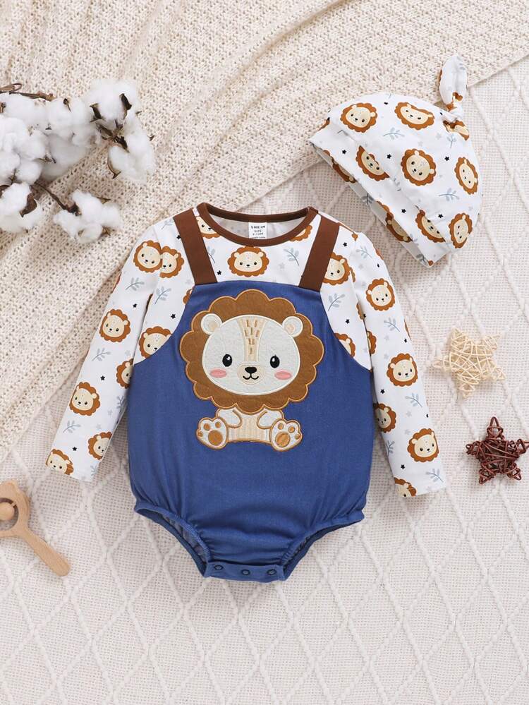 Baby Boy Cartoon Animal Pattern Color Block Round Neck Long-Sleeved Bodysuit And Hat Two-Piece Set