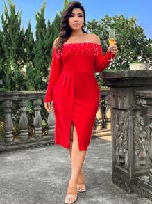 SHEIN Belle Kích thước lớn Ngọc trai đính cườm Off Shoulder Khe Đầm - Đỏ - Xem 6