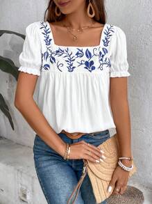 Breezaya 女士植物刺绣方领衬衫荷叶边上衣 - 白色 - 查看 1