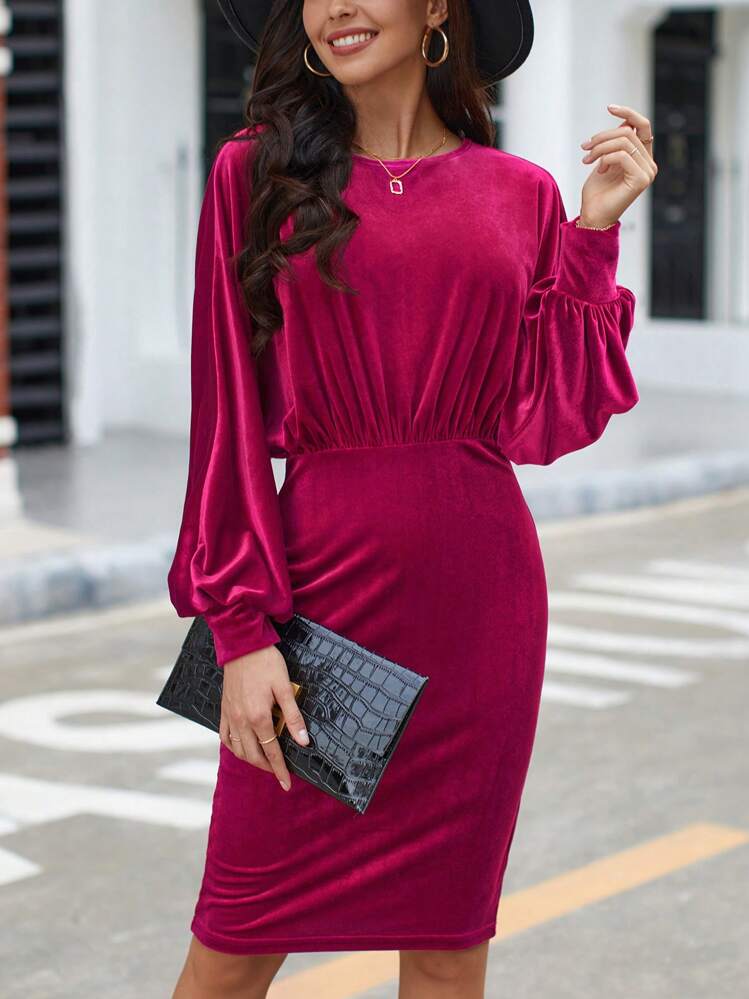 long sleeve red bodycon dress SHEIN Clasi Solid Lantern Size:10 AU Women (7 UK)