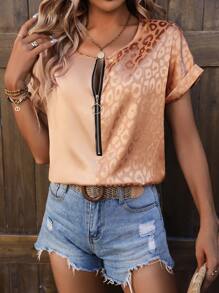 SHEIN LUNE Women'S Leopard Jacquard Zipper Half Placket Shirt