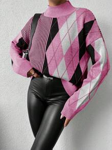 SHEIN Cottnline Women's Striped Patchwork Diamond Stand Collar Sweater - Pink - View 3