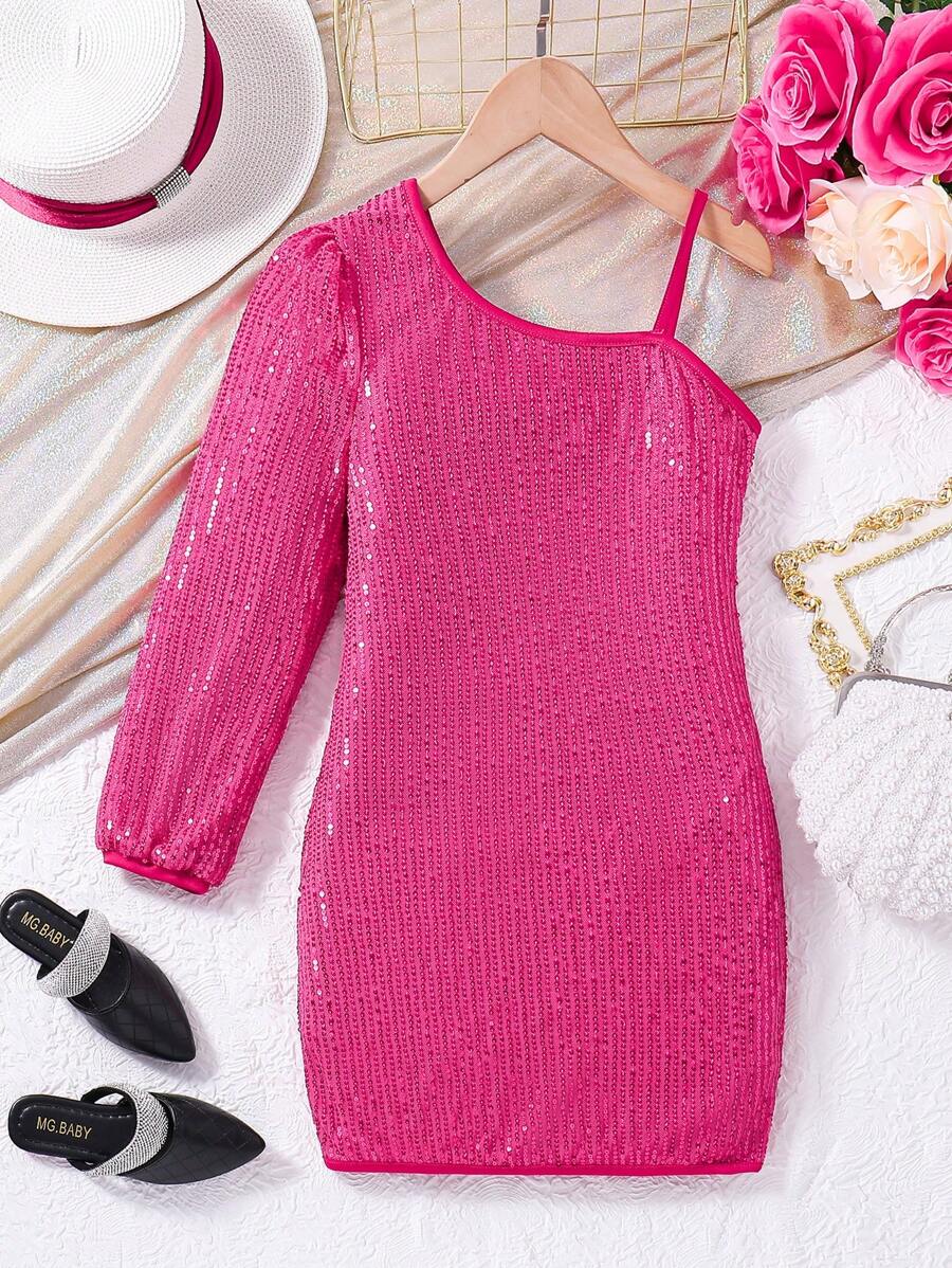 SHEIN 適合青少女穿著的露肩派對服裝 - 玫紅色 - 查看 1