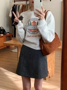 Women's Slogan Print Round Neck Sweatshirt - Light Grey - View 1