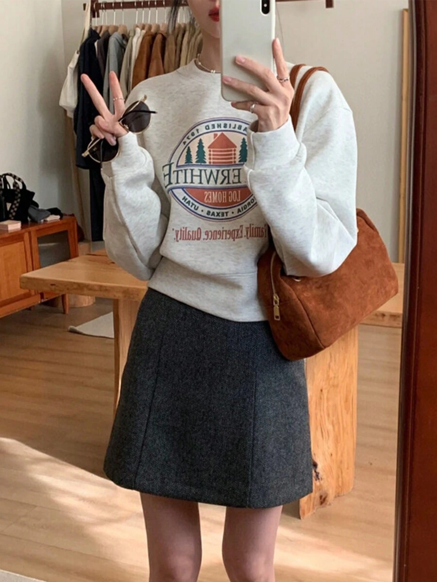 Women's Slogan Print Round Neck Sweatshirt - Light Grey - View 1