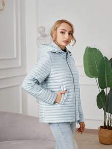 Zipper Front Hooded Quilted Coat - Grey - View 3