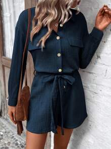 SHEIN LUNE Women's Long Sleeve Cinched Waist Self Tie Shirt Casual Romper Fall Cloth For Women - Navy Blue - View 3