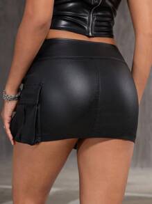 Zolique 女士纯色索环系带 PU 皮革紧身迷你裙