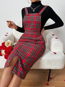 SHEIN Essnce Vestido De Escocés Tipo Pichi Con Bolsillos Oblicuos - Multicolor - Ver 5