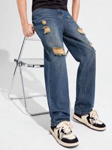 SHEIN Teenagers Non-Stretch Regular Mid-Rise Asymmetrical Ripped Denim Trousers - Dusty Blue - View 1