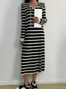Contrasting Striped Cross Tied Collar Sweater Dress - Black - View 1