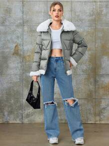 MIEGOFCE Damen Lange Ärmel Reißverschluss Lässig Flauschige Patchwork Winter Jacke - Hellgrau - Übersicht 3