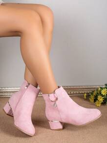 Women's Fashionable And Elegant Short Boots With Middle/Chunky Heels, Suede Material, Rhinestone Pendant, Side Zipper Closure, Pink Color
