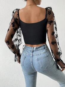 SHEIN Privé 植絨網布拼接短上衣 - 黑色 - 查看 2