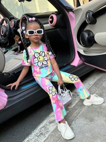 SHEIN Explorewe 年轻女孩扎染卡通印花短袖 T 恤和喇叭裤两件套 - 彩色 - 查看 5