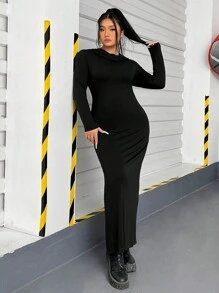 SHEIN EZwear Đầm bodycon trùm đầu màu trơn cỡ lớn - màu đen - Xem 5