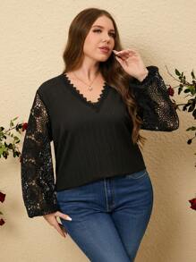 SHEIN LUNE 大尺碼蕾絲拼接燈籠袖襯衫 - 黑色 - 查看 5