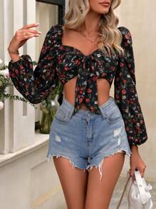 SHEIN EZwear 印花上衣,燈籠袖,打結前 - 彩色 - 查看 3