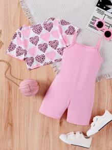 SHEIN Young Girl Spring And Autumn Casual Cute Cropped T-Shirt And Cami Jumpsuit Fashionable Two-Piece Suit - Pink - View 2