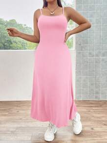 Flirla Plus Size Women's Versatile Basic Cami Dress - Pink - View 5