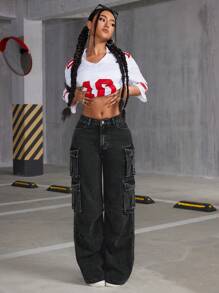 SHEIN ICON Cargo Wide Leg Jeans - Dark Grey - View 1