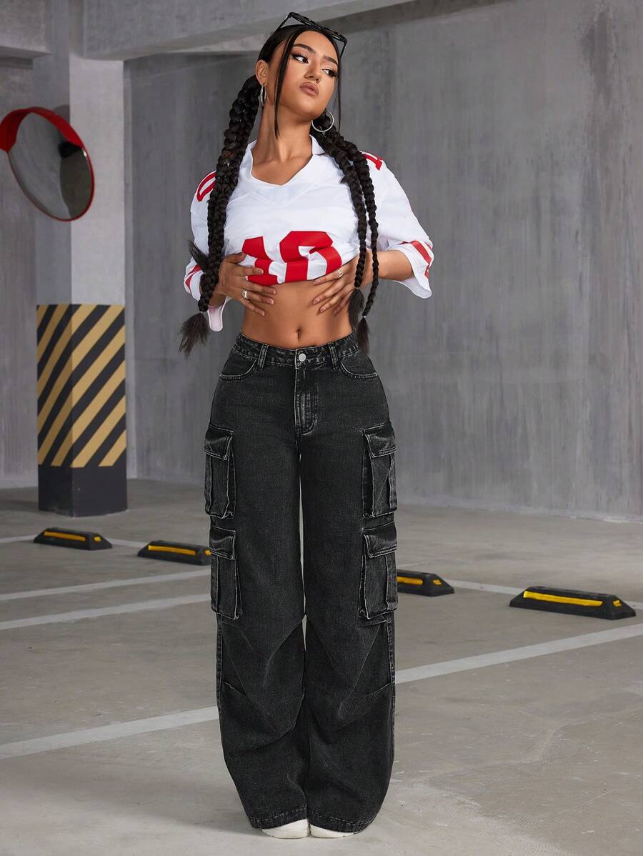 SHEIN ICON Cargo Wide Leg Jeans - Dark Grey - View 1