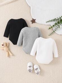 SHEIN 女嬰 3 件套羅紋針織蝴蝶結連身衣 - 黑與白 - 查看 2