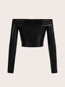 SHEIN ICON Off Shoulder Twist Knot Metallic Sheen Bodycon Long Sleeve T-Shirt - Black - View 6