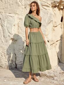 Bohemela 假日風格女性荷葉邊單肩短袖上衣和分割式裙子套裝 - 軍綠色 - 查看 7