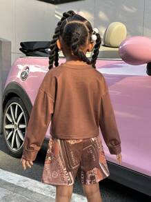 SHEIN Little Girls' Cartoon Bear Print Long Sleeve Top And Shorts Set - Brown - View 2