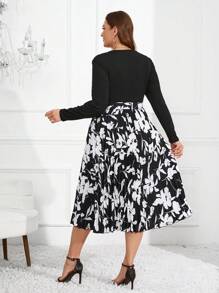 SHEIN Clasi Plus Size Floral Print Long Sleeve Dress - Black and White - View 2