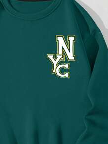 Men'S Plus Size Letter Print Round Neck Fleece Sweatshirt - Dark Green - View 5