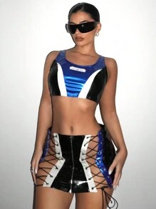 SHEIN ICON Letter Graphic Colorblock Crop PU Leather Tank Top - Multicolor - View 5